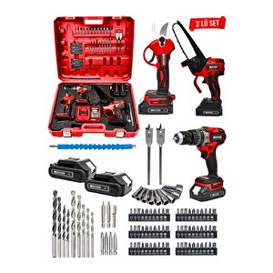 Powerforge 3'lü Set Kömürsüz Motor Şarjlı Budama Testeresi-şarjlı Budama Makası-şarjlı Matkap-krmz