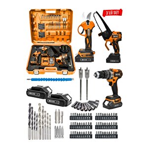 Powerforge 3'lü Set Kömürsüz Motor Şarjlı Budama Testeresi-şarjlı Budama Makası-şarjlı Matkap-trnc