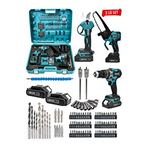 Powerforge 3'lü Set Kömürsüz Motor Şarjlı Budama Testeresi-şarjlı Budama Makası-şarjlı Matkap-mavi