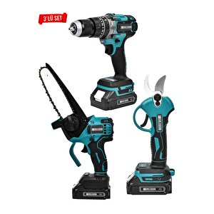 Powerforge 3'lü Set Kömürsüz Motor Şarjlı Budama Testeresi-şarjlı Budama Makası-şarjlı Matkap-mavi