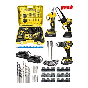 Powerforge 3'lü Set Kömürsüz Motor Şarjlı Budama Testeresi-şarjlı Budama Makası-şarjlı Matkap-sarı