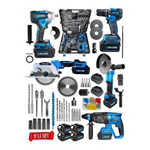 Powerforge Profesyonel Kömürsüz 4 Bataryalı Çelik Şanzıman 5'li Set Sunta Kesmeli-mavi