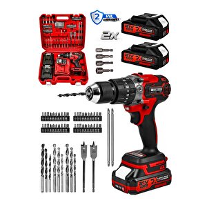 Powerforge 21v Çift Akülü Vidalama Çelik Mandren Kömürsüz Motor Darbeli Şarjlı Matkap-kırmızı