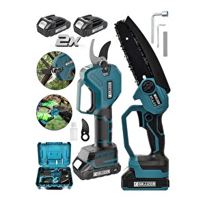Powerforge Profesyonel 2'li Set 18v Çift Akülü Bağ Makası Ve Budama Testeresi Makinesi-mavi