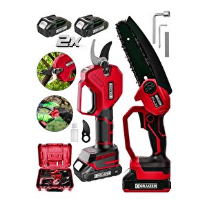 Powerforge Profesyonel 2'li Set 18v Çift Akülü Bağ Makası Ve Budama Testeresi Makinesi-kırmızı