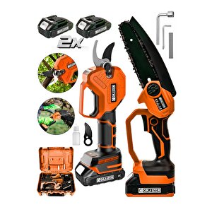 Powerforge Profesyonel 2'li Set 18v Çift Akülü Bağ Makası Ve Budama Testeresi Makinesi-turuncu