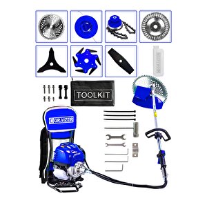 Powerforge 7 Başlıklı Set Sırt Tipi Benzinli Motorlu Ot Çalı Tırpanı Çim Biçme Makinesi Tırpan-mavi