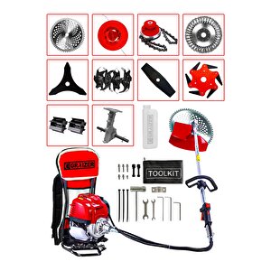 Powerforge 11 Başlıklı Set Sırt Tipi Benzinli Motorlu Ot Çalı Tırpanı Çim Biçme Makinesi Tırpan-krmz