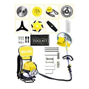Powerforge 7 Başlıklı Set Sırt Tipi Benzinli Motorlu Ot Çalı Tırpanı Çim Biçme Makinesi Tırpan-sarı
