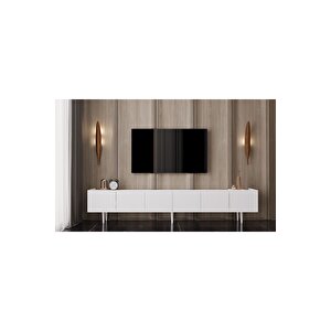 Mdf 6 Kapaklı Ahşap Ayaklı (120 Cm X 2 Adet) 240 Cm Tv Ünitesi Beyaz