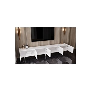 Mdf 6 Kapaklı Ahşap Ayaklı (120 Cm X 2 Adet) 240 Cm Tv Ünitesi Beyaz