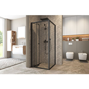 Garmon Temperli 4 Mm Katlanır Cam Duşakabin Siyah Profil Şeffaf Cam 90x110 cm