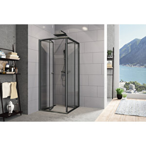 Diatonic Temperli 4 Mm Köşe Girişli Katlanır Cam Duşakabin Siyah Profil Şeffaf Cam 70x110 cm