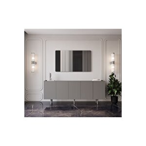 Capella Mdf 5 Kapaklı Raflı Ahşap Ayaklı 200 Cm Konsol (200x80x40 Cm) Gri