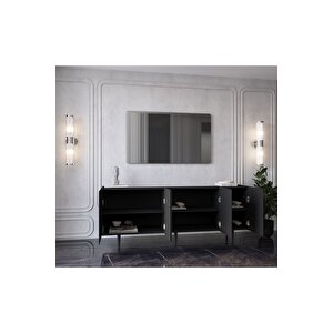 Capella Mdf 5 Kapaklı Raflı Ahşap Ayaklı 200 Cm Konsol (200x80x40 Cm) Siyah