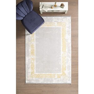 Modern Tasarımlı Pamuk Tabanlı Karo Mermer Desenli Saçaklı Altın Renkli Halı 140x200 cm