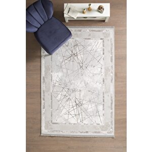 Modern Tasarımlı Pamuk Tabanlı Geometrik Desenli Saçaklı Bej Renkli Halı 140x200 cm