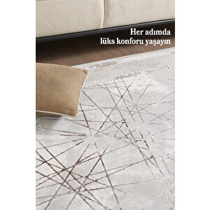 Modern Tasarımlı Pamuk Tabanlı Geometrik Desenli Saçaklı Bej Renkli Halı 140x200 cm