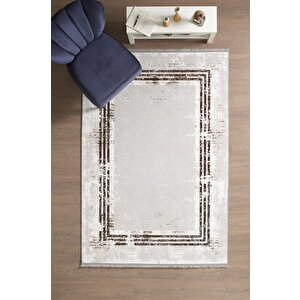Modern Tasarımlı Pamuk Tabanlı Karo Mermer Desenli Saçaklı  Kahverengi Renkli Halı 140x200 cm
