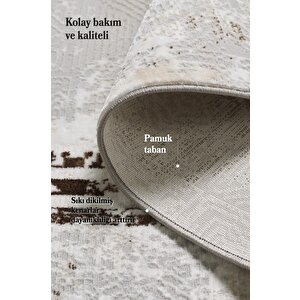 Modern Tasarımlı Pamuk Tabanlı Karo Mermer Desenli Saçaklı  Kahverengi Renkli Halı