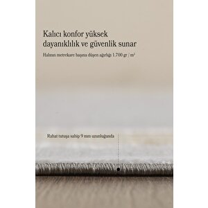 Modern Tasarımlı Pamuk Tabanlı Karo Mermer Desenli Saçaklı Altın Renkli Halı