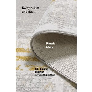 Modern Tasarımlı Pamuk Tabanlı Karo Mermer Desenli Saçaklı Altın Renkli Halı