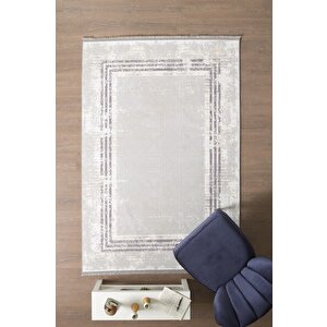 Modern Tasarımlı Pamuk Tabanlı Karo Mermer Desenli Saçaklı  Krem Renkli Halı 240x340 cm