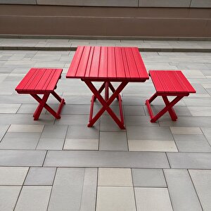 Kırmızı - Katlanır Tabure Ve Katlanır Masa Piknik Seti 2 Adet Katlanır Tabure 1 Adet Katlanır Kamp Masası 0519 Kırmızı