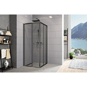 Diatonic Temperli 4 Mm Köşe Girişli Katlanır Cam Duşakabin Siyah Profil Füme Cam 80x110 cm