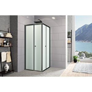 Diatonic Temperli 4 Mm Köşe Girişli Katlanır Cam Duşakabin Siyah Profil Kumlama Cam 70x100 cm