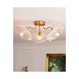 Luxury Tasarım Şeffaf Renk Kristal Camlı Flower Çiçek Üçlü Avize Eskitme Gold Sarı