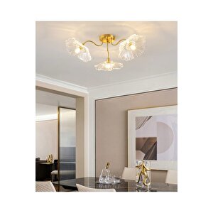 Luxury Tasarım Şeffaf Renk Kristal Camlı Flower Çiçek Üçlü Avize Eskitme Gold Sarı