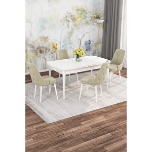 Arven Serisi 80x132 Açılabilir Mdf Beyaz Mutfak Masa Takımı 4 Sandalye Krem