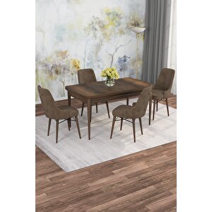 Arven Serisi 80x132 Açılabilir Mdf Barok Ahşap Desen Mutfak Masa Takımı 4 Sandalye Kahve