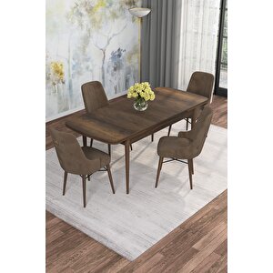 Arven Serisi 80x132 Açılabilir Mdf Barok Ahşap Desen Mutfak Masa Takımı 4 Sandalye Kahve