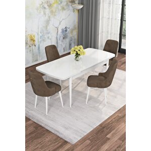 Arven Serisi 80x132 Açılabilir Mdf Beyaz Mutfak Masa Takımı 4 Sandalye Kahve