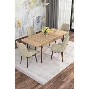 Arven Serisi 80x132 Açılabilir Mdf Atlantik Çam Mutfak Masa Takımı 4 Sandalye Krem
