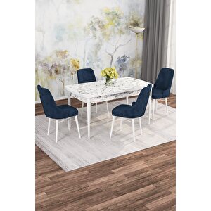 Arven Serisi 80x132 Açılabilir Mdf Beyaz Mermer Desen Mutfak Masa Takımı 4 Sandalye Lacivert