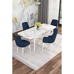 Arven Serisi 80x132 Açılabilir Mdf Beyaz Mermer Desen Mutfak Masa Takımı 4 Sandalye Lacivert