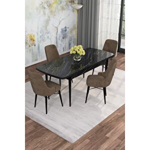 Arven Serisi 80x132 Açılabilir Mdf Siyah Mermer Desen Mutfak Masa Takımı 4 Sandalye Kahve