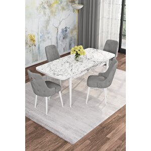 Arven Serisi 80x132 Açılabilir Mdf Beyaz Mermer Desen Mutfak Masa Takımı 4 Sandalye Gri