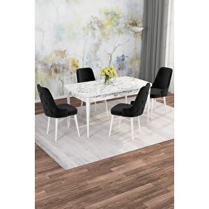 Arven Serisi 80x132 Açılabilir Mdf Beyaz Mermer Desen Mutfak Masa Takımı 4 Sandalye Siyah