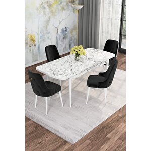 Arven Serisi 80x132 Açılabilir Mdf Beyaz Mermer Desen Mutfak Masa Takımı 4 Sandalye Siyah