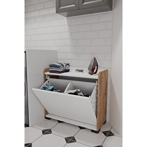 Duo 2 Bölmeli Çamaşırlık Çok Amaçlı İki Bölmeli Dolap Kirli Çamaşır Sepeti Çam Beyaz