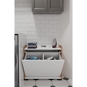 Duo 2 Bölmeli Çamaşırlık Çok Amaçlı İki Bölmeli Dolap Kirli Çamaşır Sepeti Çam Beyaz