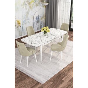 Arven Serisi 80x132 Açılabilir Mdf Beyaz Mermer Desen Mutfak Masa Takımı 4 Sandalye Krem