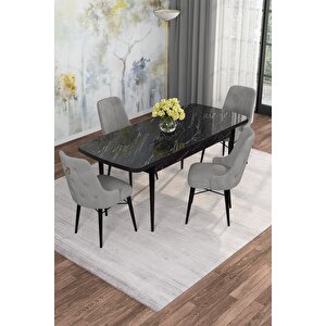 Arven Serisi 80x132 Açılabilir Mdf Siyah Mermer Desen Mutfak Masa Takımı 4 Sandalye Gri