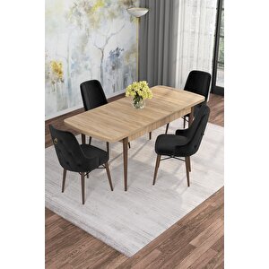 Arven Serisi 80x132 Açılabilir Mdf Atlantik Çam Mutfak Masa Takımı 4 Sandalye Siyah