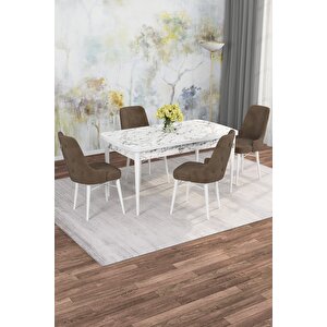 Arven Serisi 80x132 Açılabilir Mdf Beyaz Mermer Desen Mutfak Masa Takımı 4 Sandalye Kahve