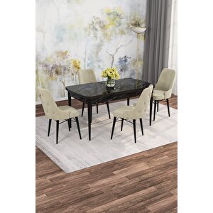 Arven Serisi 80x132 Açılabilir Mdf Siyah Mermer Desen Mutfak Masa Takımı 4 Sandalye Krem